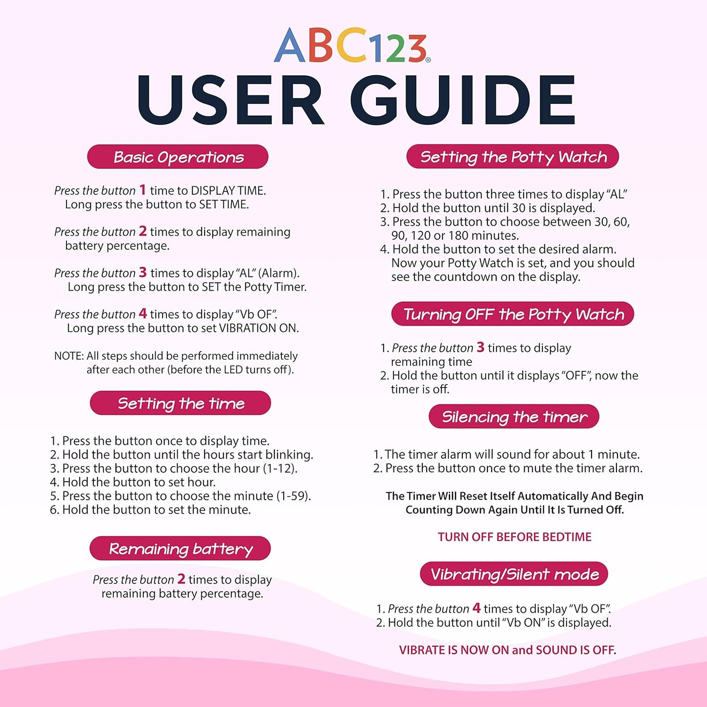 ABC123 Potty Training Watch 3 (2023 Edition) - Baby Reminder Water Resistant Timer for Toilet Training Kids & Toddler with Wireless Charging (Pink)