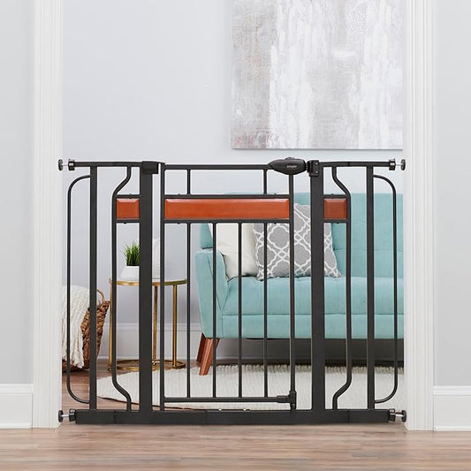 Regalo Safety 37" Extra Tall Baby Gate for Doorways & Bottom of Stairs, Wood Accent Pressure Mounted Gate with Door for Babies, Toddlers & Pets, Tested & Safe for 30 Years, American Designed and Owned