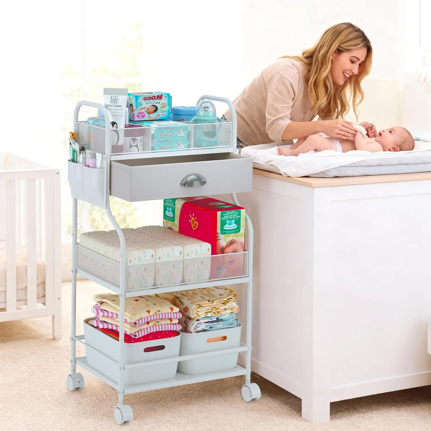 3-Tier Baby Diaper Caddy Cart Organizer,Mobile Nursery Storage Carts with Wheels,With 2 Dividers&14 Mesh Pockets Durable Metal Utility Cart for Nursery, Bedroom, Bathroom, Baby Essentials Organization