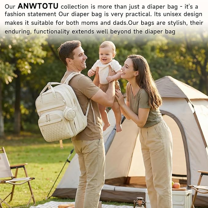 ANWTOTU Leather Baby Diaper Bags with Changing Station,Extra large Capacity Baby Diaper Bag Backpack,Waterproof Baby Essentials(White)