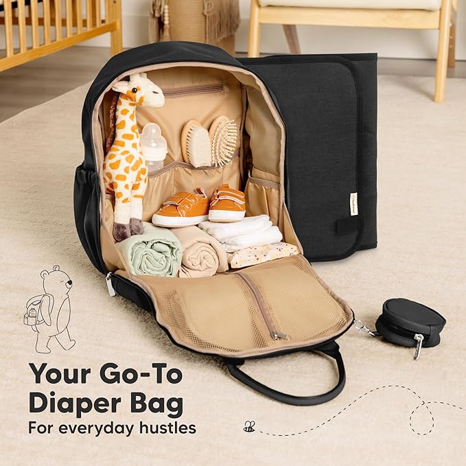 KeaBabies Diaper Bag Backpack - Multifunctional Travel Diaper Back Packs, Maternity Baby Changing Bags, Compact 18L Capacity, PU Leather, Waterproof, Unisex, Nappy Changing Pad (Trendy Black)