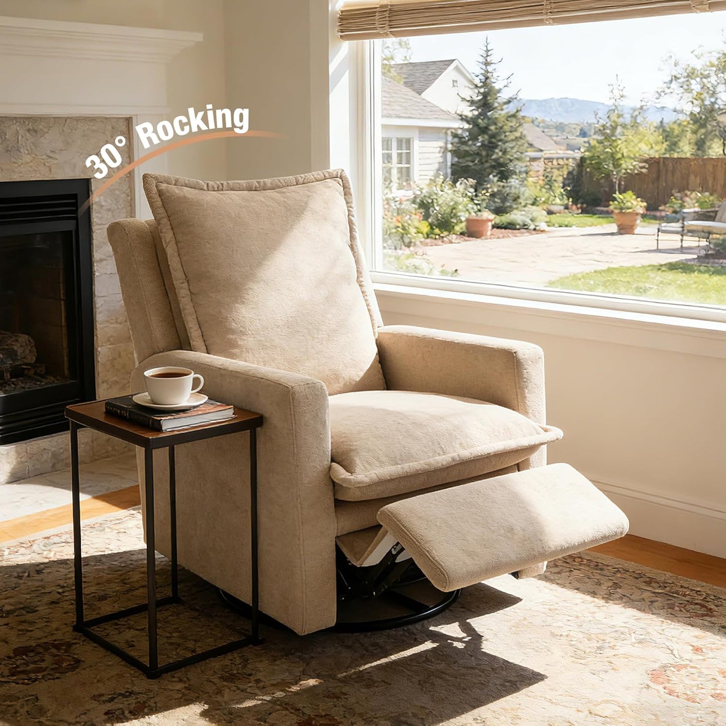 Euthymia Swivel Rocking Chair Nursery, High Back Glider Rocker Recliner Chair for Small Spaces, Manual Reclining Sofa for Living Room, Bedroom, Beige
