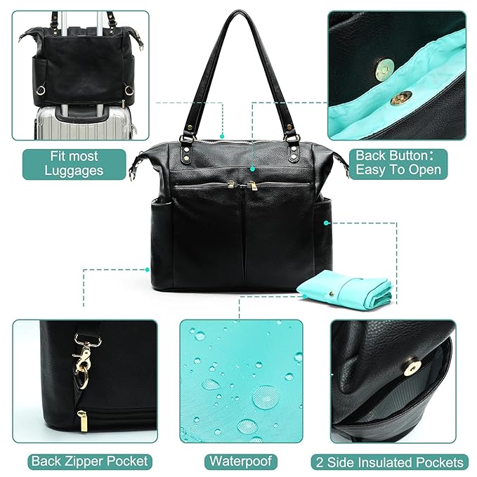MOMINSIDE Diaper Bag Tote, Leather Diaper Bag Backpack with 13 Pockets, Convertible Baby Bag for Boys Girls, Baby Registry, Changing Pad, Large 4 Insulated Pockets(Black)