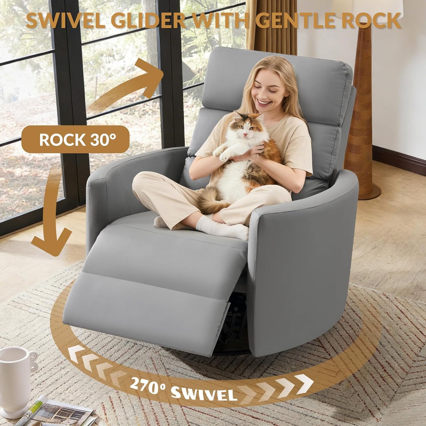 GRAINELL Oversize Power Swivel Recliner, 40in Wide Electric Glider Rocking Chair with Headrest Adjustment, USB Port, 270° Swivel, Rock 30° – for Living Room, Nursery, Black (5" 7' to 6" 1' Height)