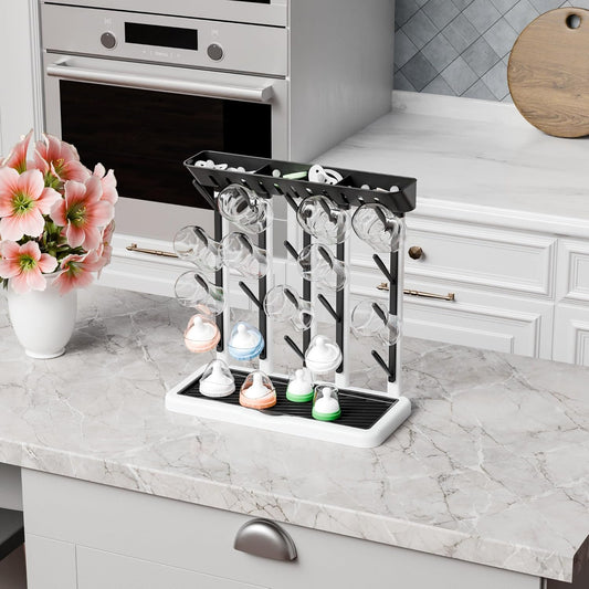 Yieach Larger Baby Bottles Drying Rack for 20 Bottles,Space Saving Feeding Drying Rack for Baby Bottles for Countertop,Vertical Baby Bottle Holder & Storage Station for Pacifiers,Breast Pump,Grey