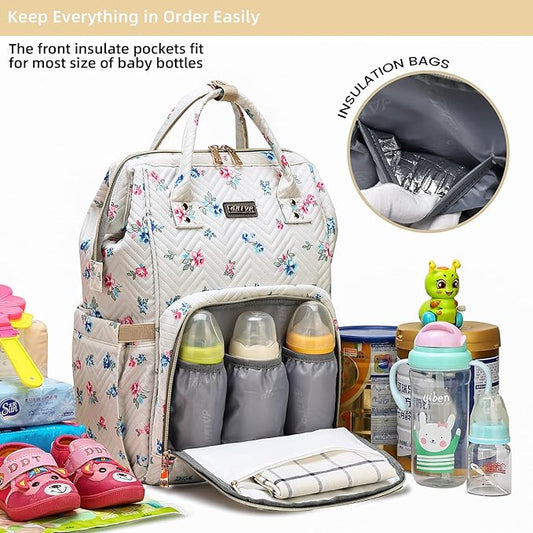Diaper Bag Backpack, Diaper Bags for Baby Girls Boys, Baby Bags for Moms Dads, Nappy Changing Bag with Insulated Pockets,Multi-functional Waterproof Backpack with Stroller straps-Beige Flowers