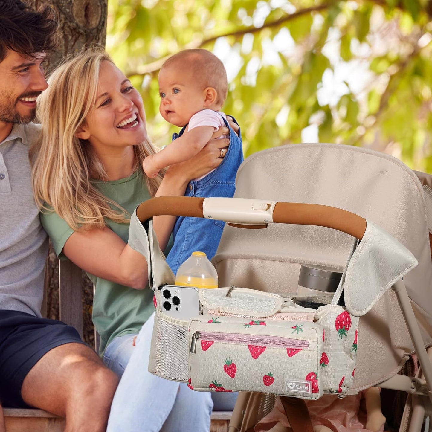 Universal Stroller Organizer with Insulated Cup Holders and Detachable Phone Bag,Stroller Caddy Fits for Stroller Accessories like Uppababy, Baby Jogger, Doona, Nuna Stroller (Green Square grid)