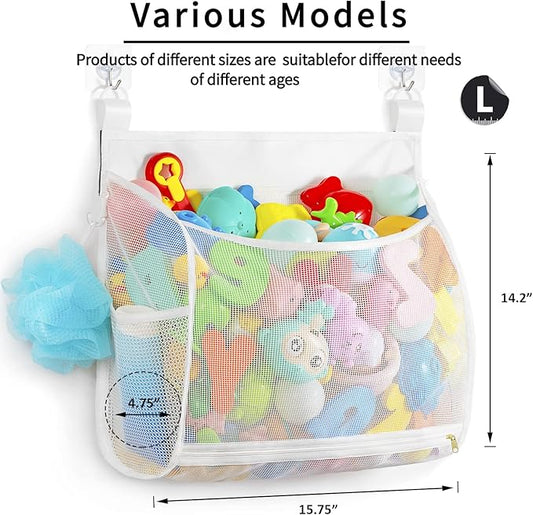 Ligereza Baby Mesh Bath Toy Organizer, Multiple Ways to Hang, Ultra Large Capacity & Large Opening, Bathroom Toy Holder, Bath Toy Storage Bag With 2 Side Pockets (White)
