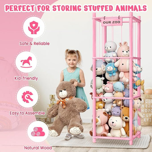Woodure Stuffed Animal Storage & Organizer, Wooden Cute Zoo Toy Holder for Toddler Rooms, Playrooms & Bedrooms(Pink)