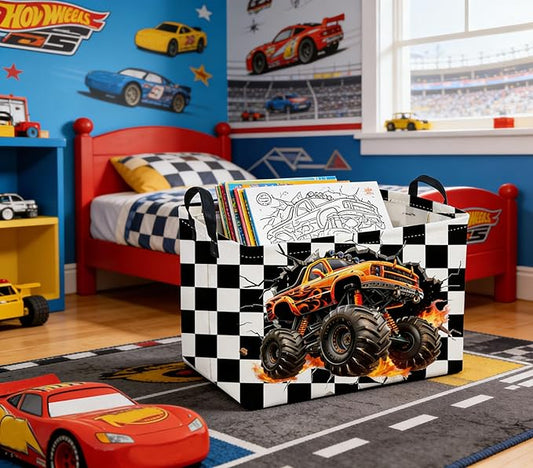 Sanjiaofeng Rectangular Monster Truck Basket for Kids,Baby Storage Bins with Handles for Car Decor,Racing Storage Bin,Cute Toy Storage Organizer for Boys and Girls,Car Room Decor(Racing flag)