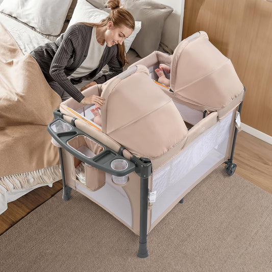 JOYMOR Twin Bassinet for Baby, Beige Bedside Bassinet, Convertible to Bedside Sleeper and Playpen, with Wheel, Brake, Foldable Side Sleeper,Beige