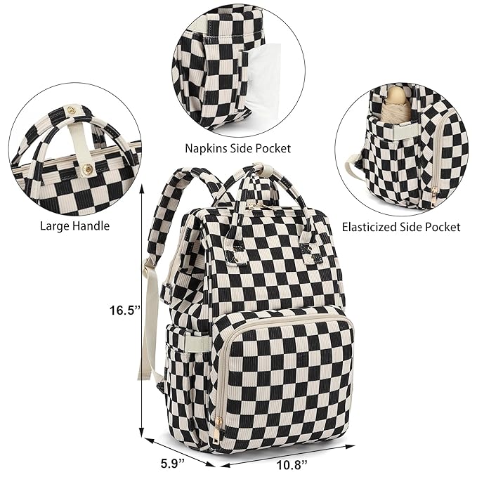 Baby Diaper Bag Backpack for Mom, Large Capacity Travel Nappy Bag for Boys & Girls with Stroller Straps (Corduroy Checkered Black)