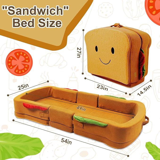 Toddler Travel Bed Sandwich Style - Portable Toddlers Floor Beds, Foldable Soft Foam Travel Crib for Baby and Kid, Washable Cover Toddler Cot with Safety Rail for Travel, Home/Travel Sleep