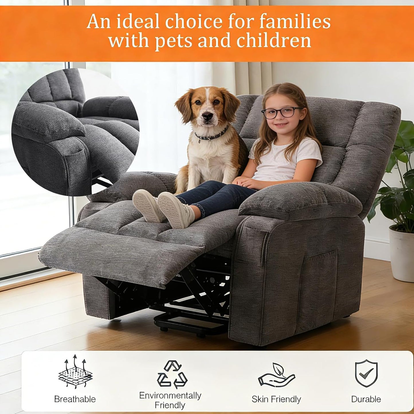Power Lift Recliner Chair for Adult with Heated and Full Body Massage, Glider Nursery Chair with Cup Holder and USB Charge Port, Oversided Swivel Rocker Recliner for Living/Study/Bedroom Room, Grey