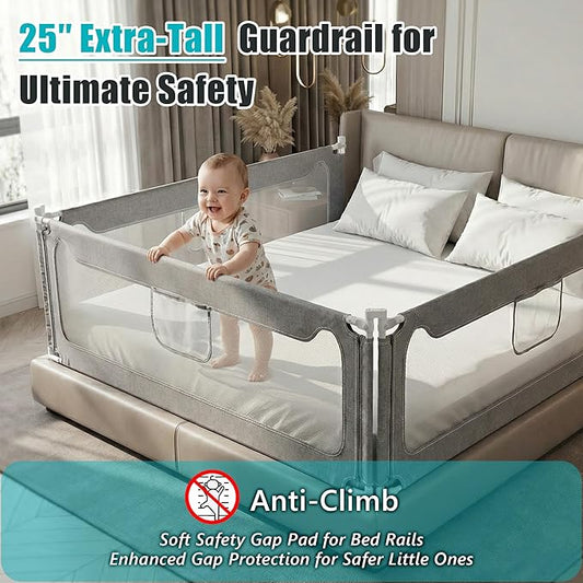 Queen Size Baby Bed Rail Guard – Extra Tall Safety Bedside Rail with Headboard Rod for Toddlers, Adjustable No-Gap Design, 3 Panels (2×78.7″ + 1×59″), Gray