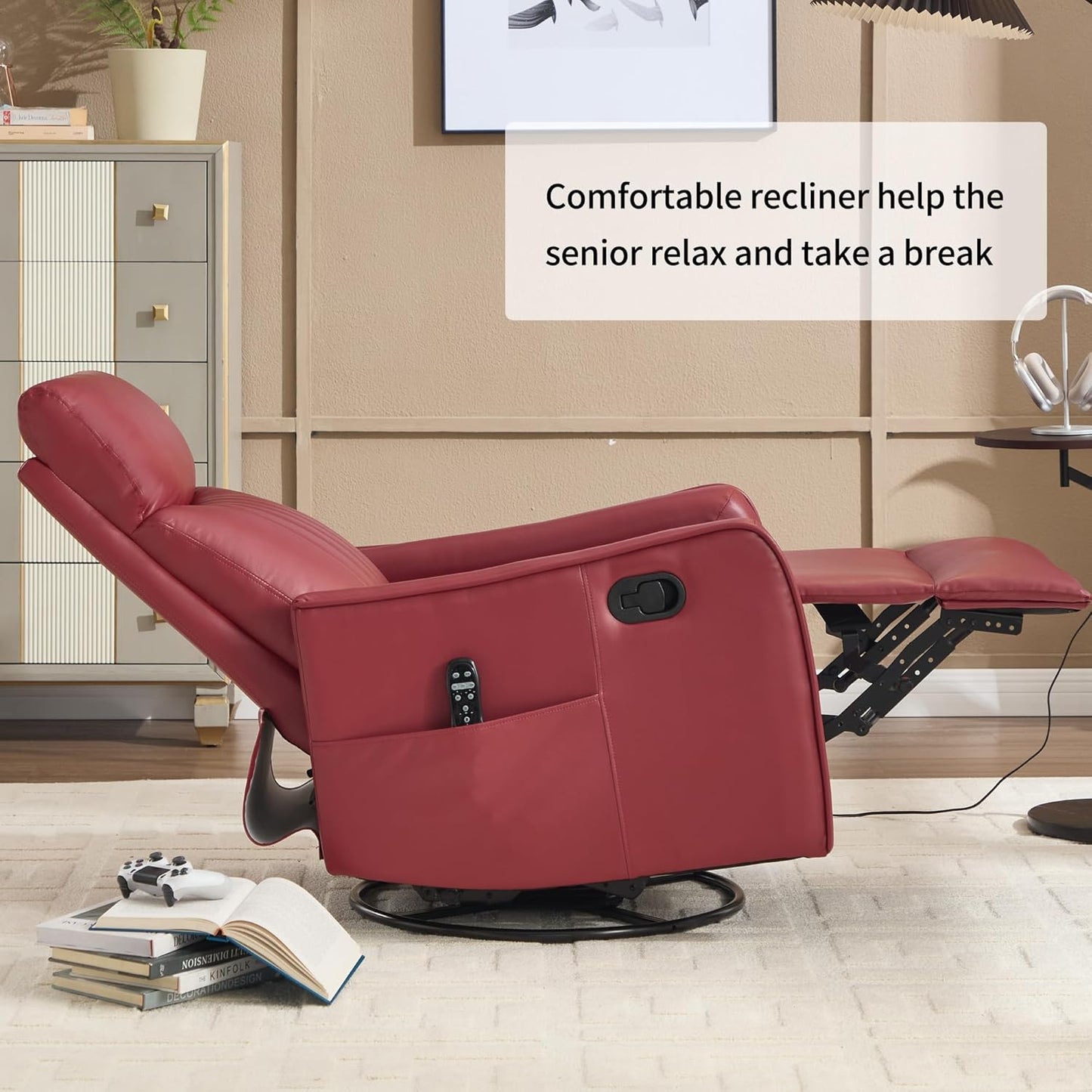 Swivel Rocker Recliner Chair for Adults, Nursery Rocking Chair with Heat and Massage, Glider Reclining Chair for Small Space Living Room Bedroom, Faux Leather Black