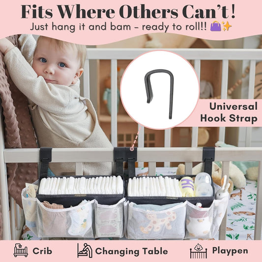 2-Pack Hanging Diaper Organizer for Crib & Changing Table | 50+ Large Capacity Baby Diaper Caddy, Washable Newborn Essentials Organizer for Baby Girl, Ideal Baby Shower Gifts with Hook Straps