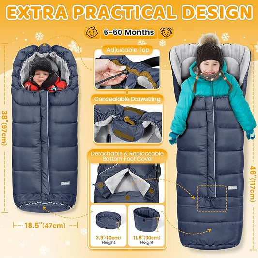 Orzbow Universal Stroller Bunting Bag with Extra Footmuff for Toddler, Kids, Warm Waterproof Stroller Blanket, Winter Cover, Baby Bunting Bag - Protect Babies from Cold Winds, Blue