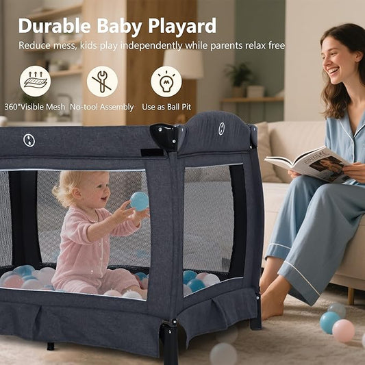 Kinder King 4 in 1 Foldable Pack and Play with Bassinet & Changing Table, Portable Playard for Babies and Toddlers, Adjustable Canopy, Storage Bag, Dark Gray