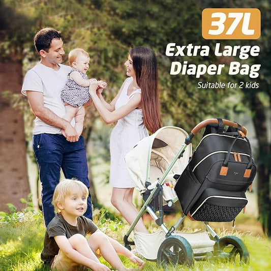 Diaper Bag Backpack - Extra Large Diaper Backpack for 2 Kids Twin, Travel Baby Bags for Mom Dad 25-37L Expandable with Changing Pad, Quilted Pure Black
