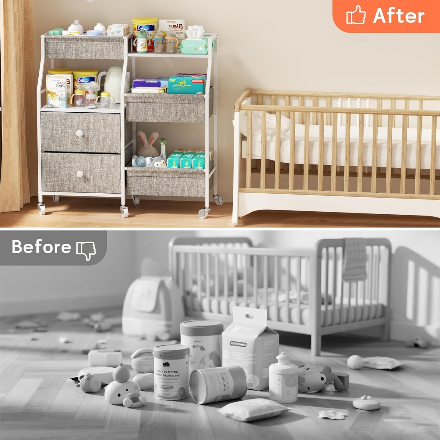 DTK Baby Diaper Caddy Organizer, 3 Tier Rolling Diaper Cart with Dividers and Drawers, Mobile Utility Baby Storage Cart with Wheels, Baby Newborn Essentials for Nursery, Bedroom, Charging Table,Crib