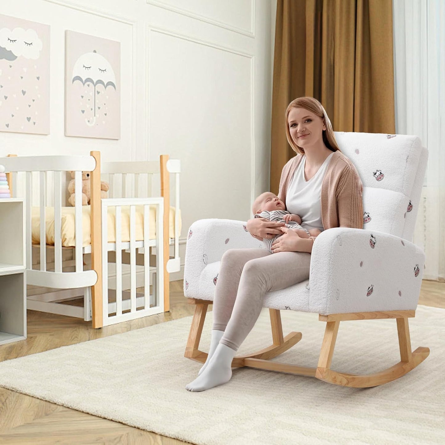 HCHAIRH Rocking Chair Nursery, Upholstered Fabricr Nursing Rocking Chairs with Soft High Back, Modern Nursery Glider Rocker for Mom Living Room, Bedroom, Camel