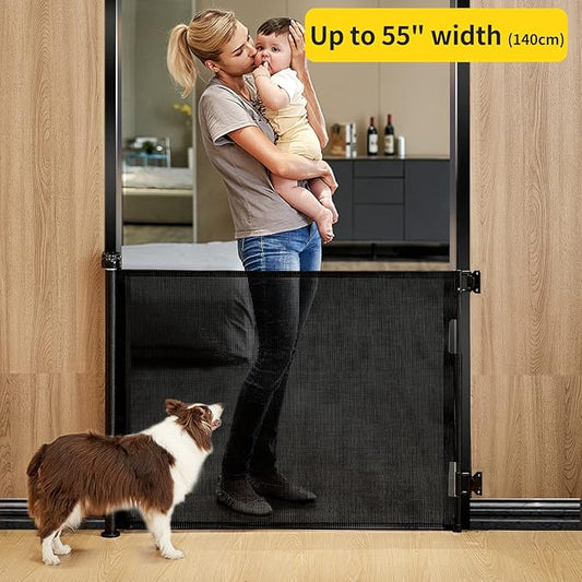 Retractable Baby Gate for Stairs – 33” Height, Expands up to 55” Width – Safety Gate for Infants, Toddlers, Dogs & Pets – Easy Install, Secure Closure, Black Mesh Design for Indoor & Outdoor Use
