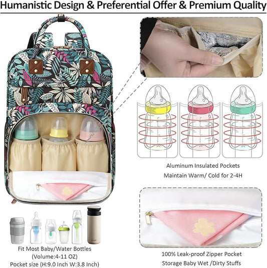 Diaper Bag Backpack Tote for Women Large Capacity, Baby Bag with Insulated Pockets Multifunctional Diaper Bags For Baby Girl Boy Waterproof Baby Bags For Boys Girls Mama Maternity Bag Colorful Leaves