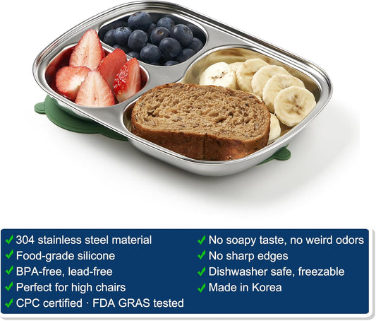 Stainless Steel Divided Toddler Plates with Dual Suction, Premium Korean 304 Steel, Electro-Polished, No Black Residue, Baby & Little Kids Food Tray Feeding Set – 2 Plates + 2 Bases (Sage & Sand)
