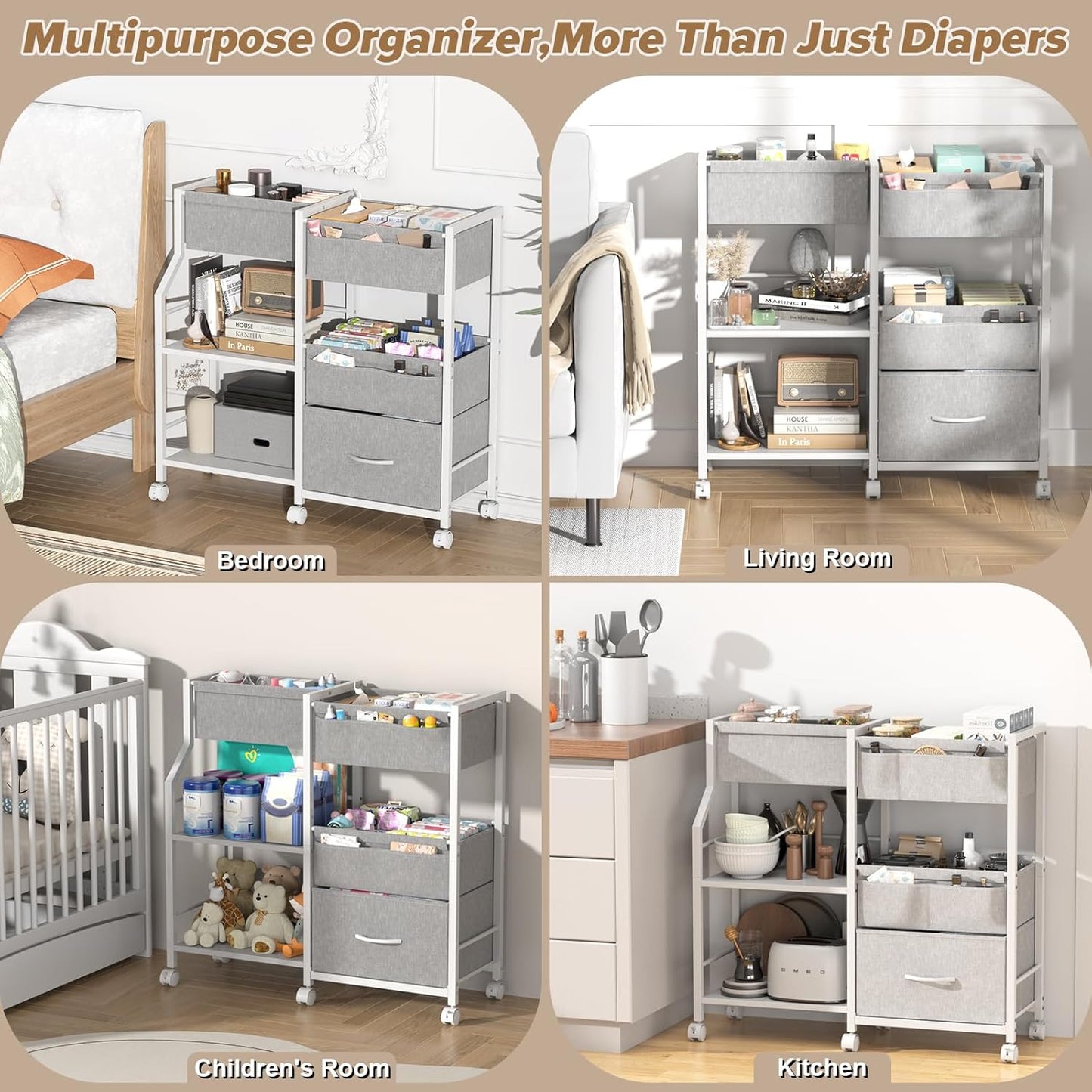 Baby Diaper Caddy Organizer and Storage, 3 Tier Rolling Cart with Dividers and Drawers, Mobile Utility Cart with Wheels for Nursery, Bedroom, Baby Newborn Essentials Storage Cart, White
