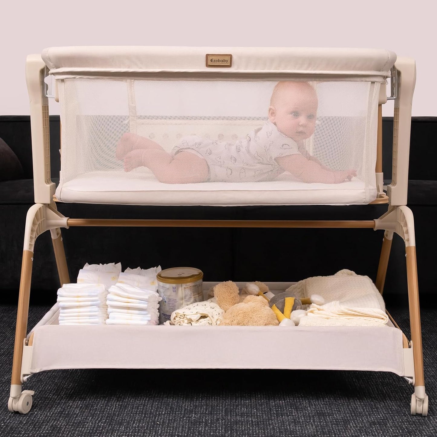 Ezebaby Baby Bassinet Bedside Sleeper: 3-in-1 Rocking Bassinet for Baby - Breathable Full-Mesh Crib with Mattress | 6 Height Adjustable | Portable Crib with Lockable Wheels for Newborns