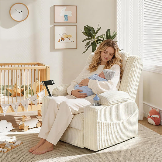 EROMMY Power Oversized Swivel Rocker Recliner with Massage and Heat, Nursery Rocking Chairs for Living Room, Comfy Glider Chair with Cup Holders, Armrest Storage,USB&Type-C Ports,Beige