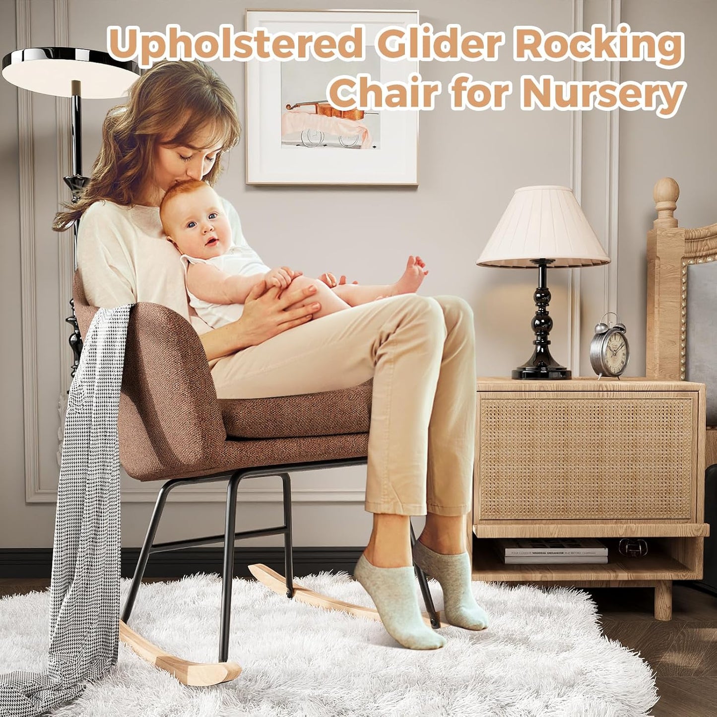 GarveeHome Nursery Rocking Chair, Upholstered Chenille Glider Rocker Chair, Modern Armchair With Wood Legs, Indoor Comfy Accent Chair Nursing Chairs Holds Up to 350 LBS for Living Room, Bedroom, Beige