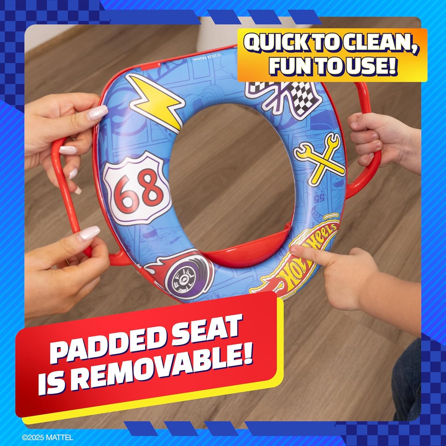 Hot Wheels Soft Potty Training Seat for Toilet with Storage Hook, Non-Slip Potty Ring with Splash Guard, Built-in Handles for Toddlers