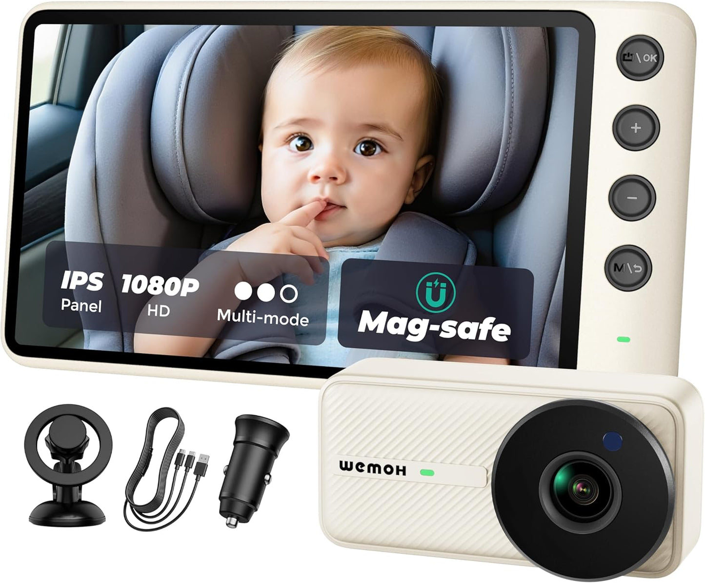 Magnetic Dual Baby Car Camera for Two Kids, 1080P IPS Display with Magnetic Mount, 3 Modes( Zoom/Mirror/Split ), Automatic Night Vision, USB-Powered Car Camera for Baby Rear Facing (2 Cams)