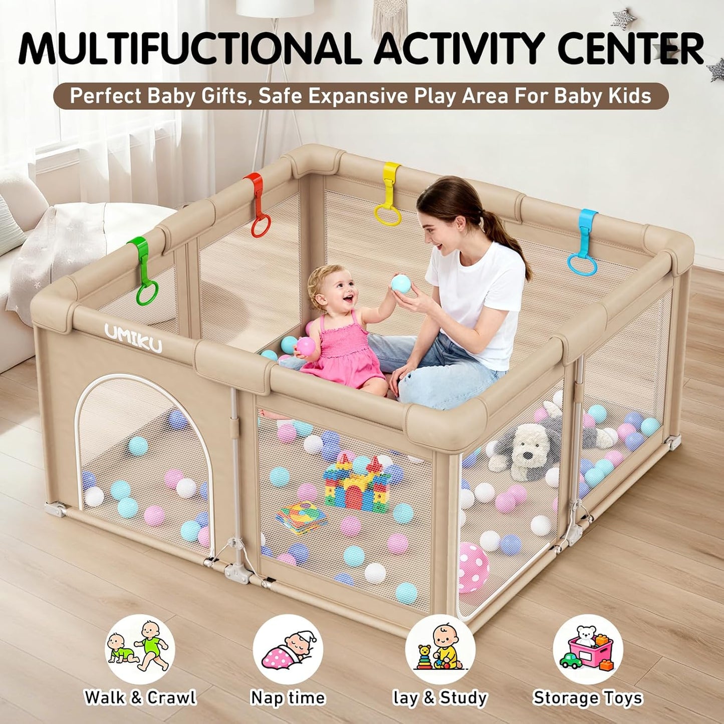Baby Playpen Foldable Playpen for Babies and Toddlers, Large Playpens Portable Play Pen Play Yard for Kids Fence Indoor Outdoor Travel 4 Handlers 50 Balls Baby Gifts Essentials 50"X50" Dark Grey