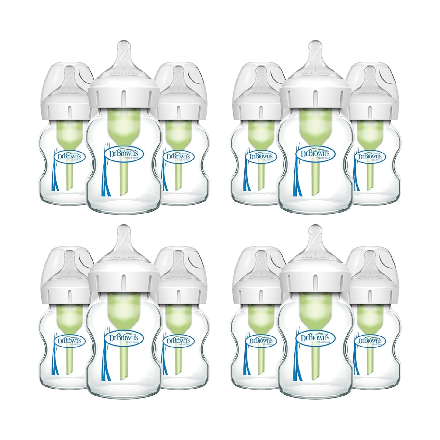Dr. Brown's Natural Flow Anti-Colic Options+ Wide-Neck Glass Baby Bottles 5 oz/150 mL, with Level 1 Slow Flow Nipple, 3 Pack, 0m+