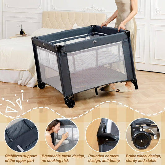 Twin Bassinet - 3 in 1 Twin Bassinets for 2 Babies with Hanging Toys & Storage Basket, Portable Pack and Play Foldable Bedside Sleeper with Carry Bag, Grey