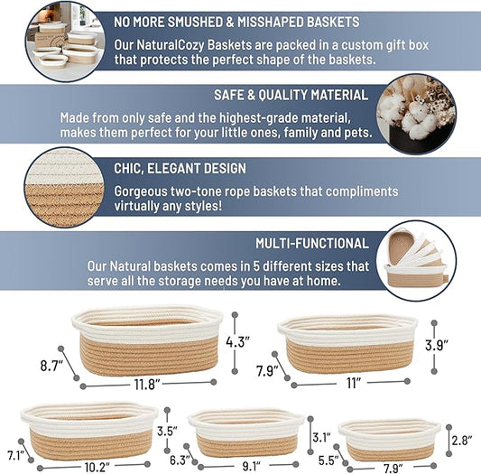 NaturalCozy 5-Piece Rectangle Storage Basket Set- Natural Cotton Rope Woven Baskets for Organizing! Small Basket for Montessori, Baby Nursery, Dog Toy Baskets, Cat Toy Box, Bathroom Organization Bin