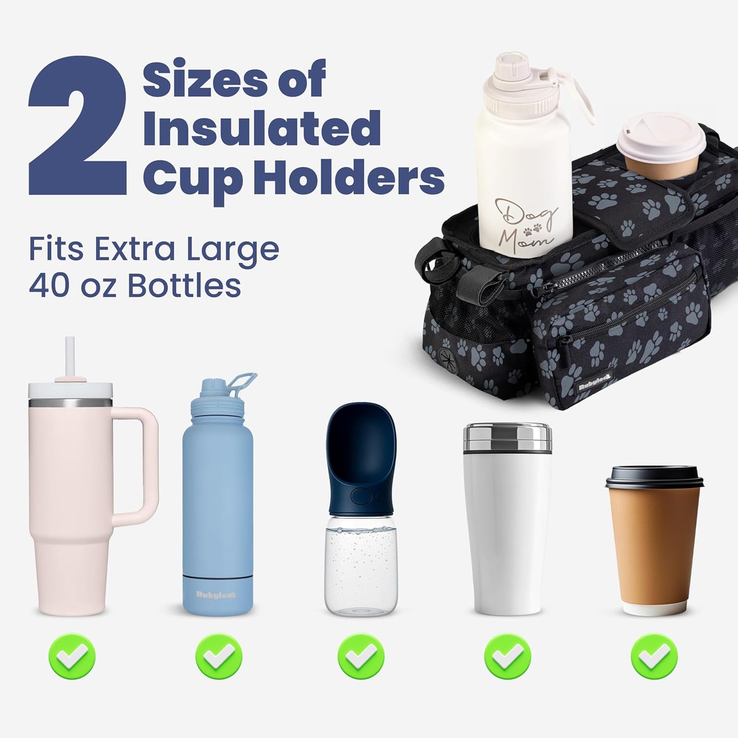 rubyloo Dog Stroller Caddy Organizer with Poop Bag Dispenser, Treat Pocket, Water Bowl – Dog Stroller Accessories with Insulated Cup Holders, Pet Storage & Non-Slip Fit for 14"-19" Wide Handlebars