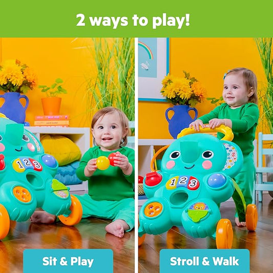 Bright Starts Stroll 'n Roll 2-in-1-Ball Push Walker – Includes 3 Toy Balls, Elephant with 70+ Songs & Sounds, 7 Activities - Ball Drop, Piano, Spinner, Flip Book & More