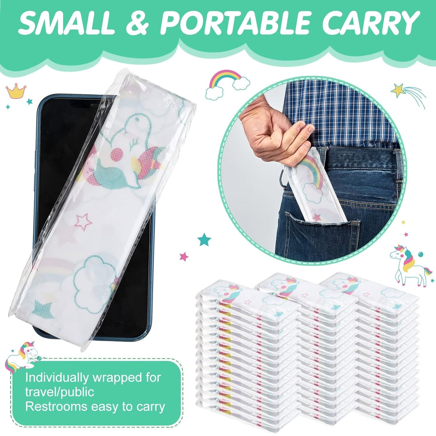 50 Packs Disposable Toilet Seat Covers Extra Large Individually Wrapped for Kids and Adults, Portable Non Slip Waterproof Potty Seat Covers for Toddlers Potty Training, Travel (Rainbow)
