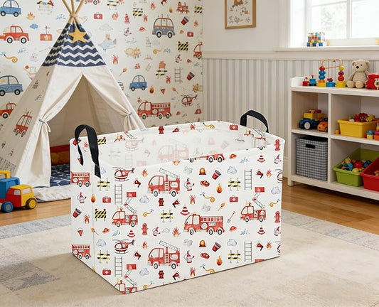 Sanjiaofeng Rectangular Fire Engine Storage Basket,Kids Toy Storage Bin,Nursery Hamper,Kids Storage Basket with Handles,Home Organizer,Books Box,Gift Baskets,Car Room Decor(Fire Engines)