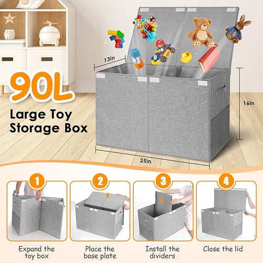 Large Toy Storage Box with Lid Upgraded Toy Chest Organizer with Removable PP Divider Foldable Toy Bin for Kids Boys Girls Linen Fabric Toy Box for Playroom Nursery Bedroom (25"x13"x16")
