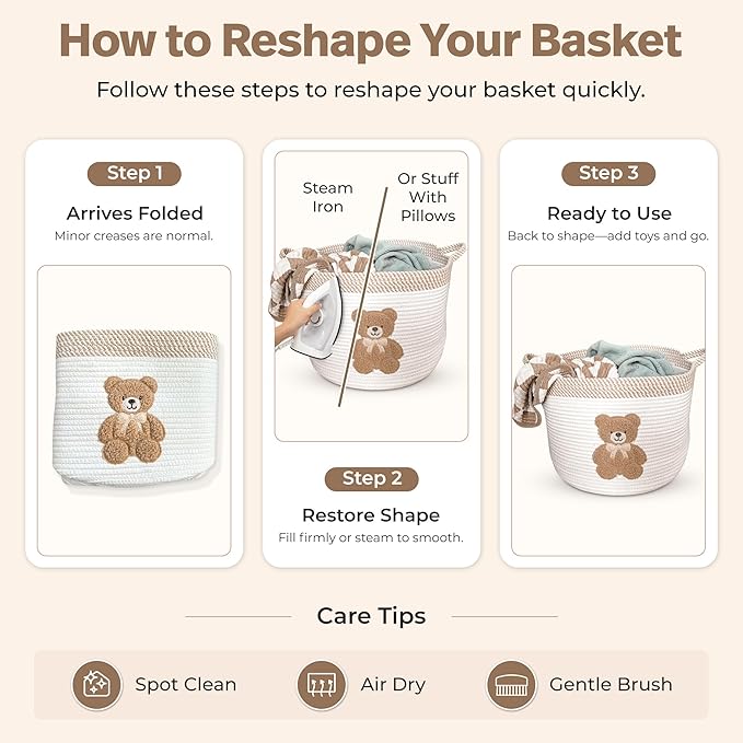 Teddy Bear Storage Basket for Nursery – Large 15"x11" Cotton Rope Bin with Soft Embroidered Bear Patch – Gender Neutral Toy Organizer, Baby Laundry Hamper, Blanket & Diaper Holder