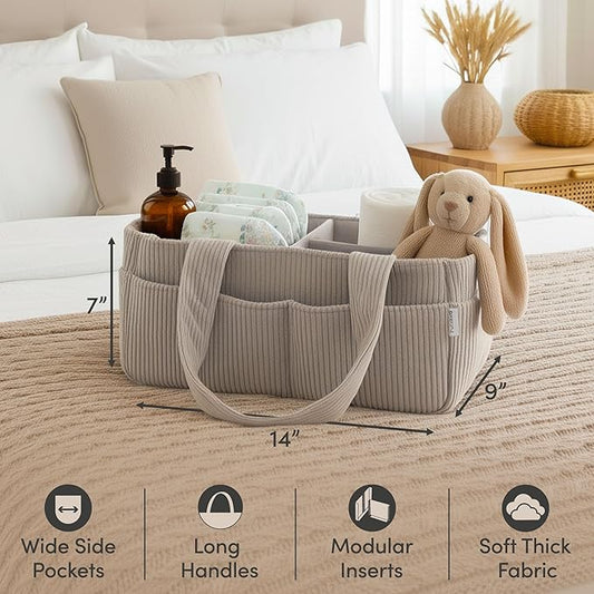 PUTSKA Baby Diaper Caddy Organizer for Changing Table – Stylish Nursery Storage Basket, Newborn Essentials, Baby Shower Gifts and Registry Must-Haves for Boy or Girl, Car Diaper Caddy, Corduroy Grey