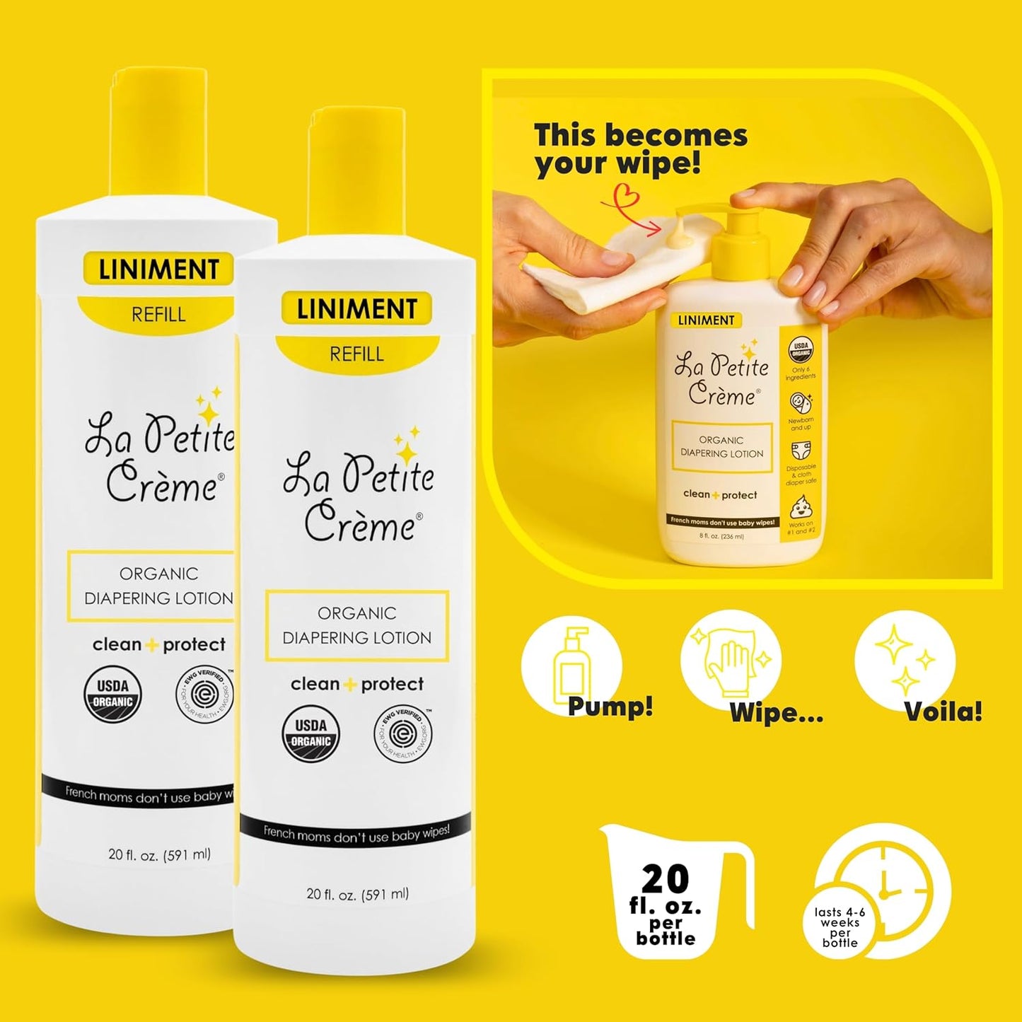 La Petite Creme French Premium Liniment Baby Lotion - Diaper Cream Alternative to Wet Wipes - Gentle Moisturizer & Skin Cleanser, USDA Certified Organic Ingredients - Newborn Essentials (8 oz)