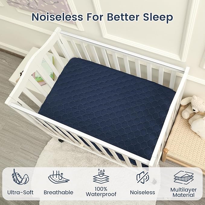 David’s Kids 2 Pack Mini Crib Waterproof Cover, 38" x 25" Fitted Breathable Protector Sheet with Elastic Skirt, Soft Pad Cover for Crib and Playard, Navy Blue & Sage Green