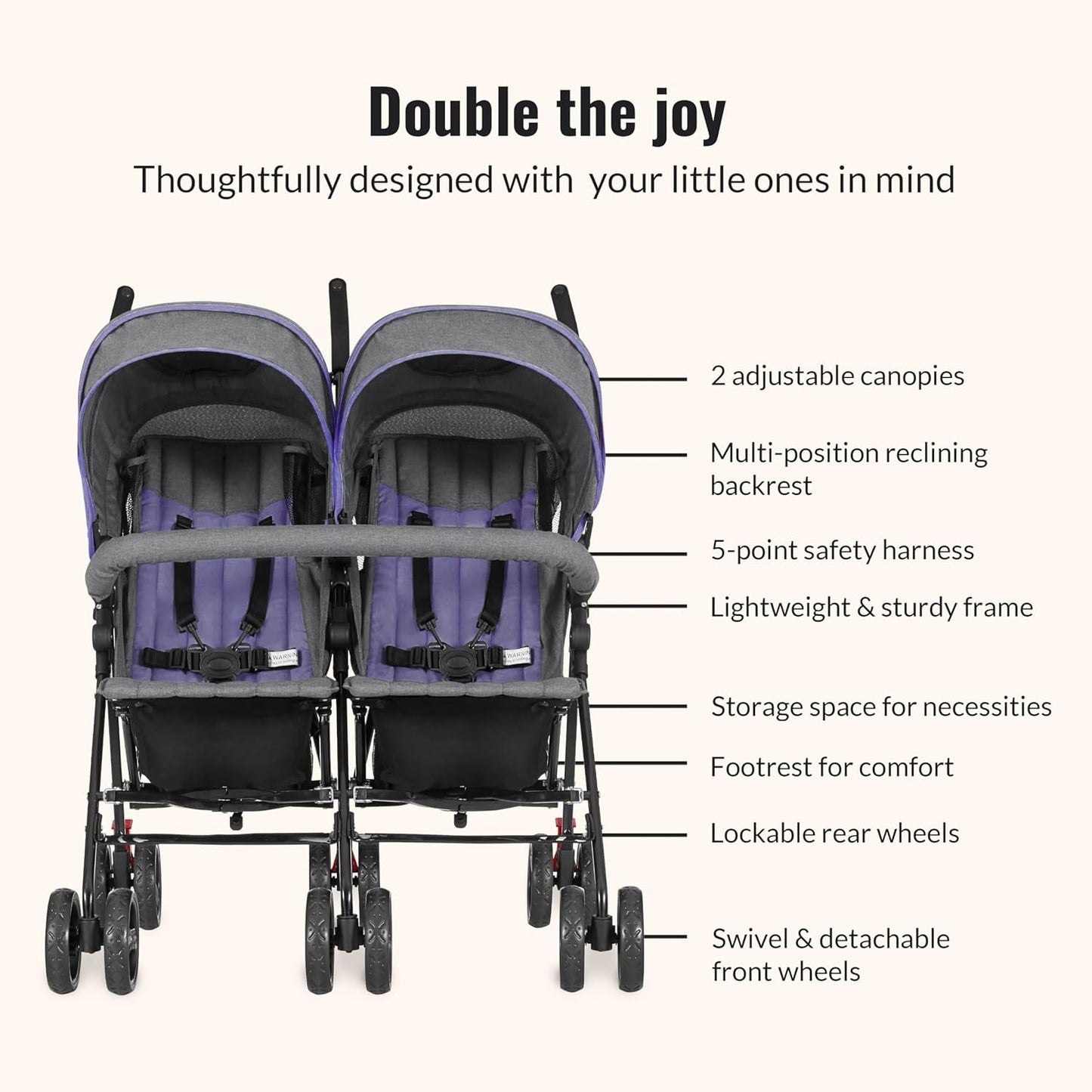 Dream On Me Volgo Twin Umbrella Stroller in Black, Lightweight Double Stroller for Infant & Toddler, Compact Easy Fold, Large Storage Basket, Large and Adjustable Canopy