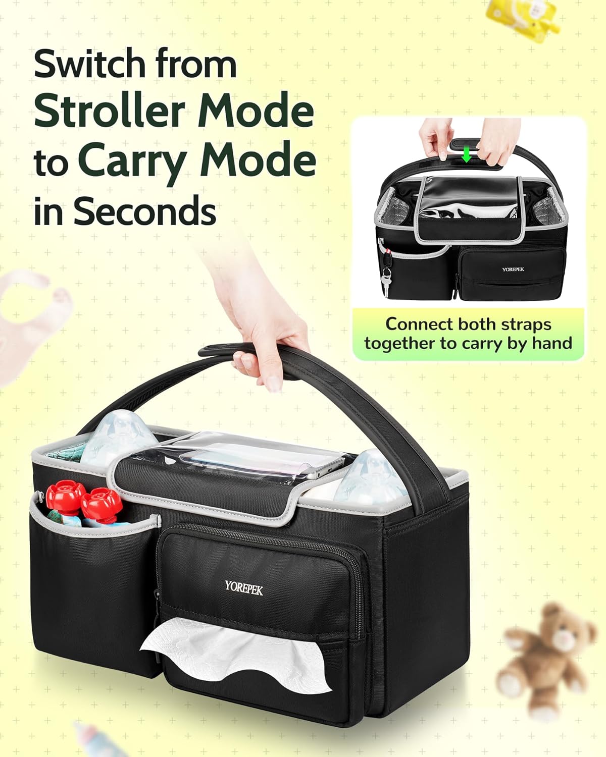 YOREPEK Spacious Stroller Caddy Fits for UPPAbaby Vista/Minu/Cruz, Adjustable Stroller Organizer with 2 Insulated Cup Holders, Easy-clean Stroller Bag for Travel, Walks, Accessories, Baby Essentials